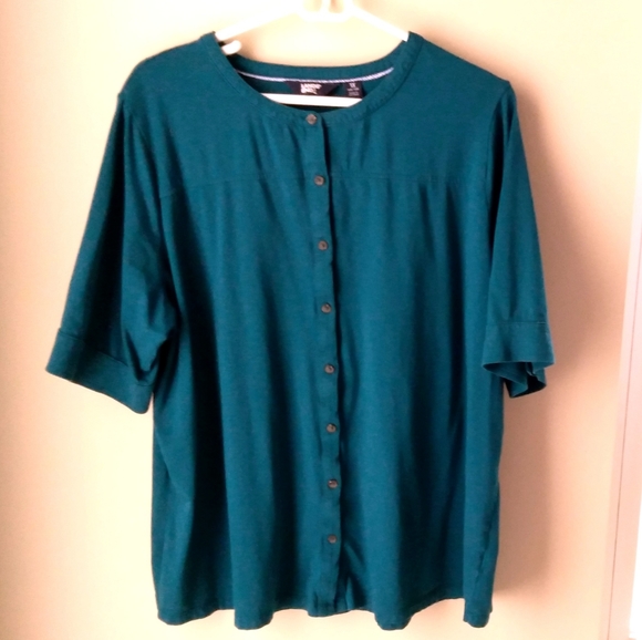 Land's End Teal Elbow Sleeve Button Front Top - Picture 2 of 6